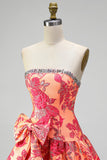 Orange Jacquard A-Line Rhinestone Ruffled Strapless Short Cocktail Dress with Bow
