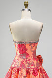 Orange Jacquard A-Line Rhinestone Ruffled Strapless Short Cocktail Dress with Bow