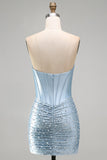 Grey Blue Strapless Bodycon Corset Beaded Pearls Short Homecoming Dress