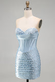 Grey Blue Strapless Bodycon Corset Beaded Pearls Short Homecoming Dress