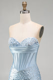 Grey Blue Strapless Bodycon Corset Beaded Pearls Short Homecoming Dress
