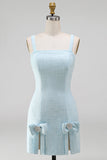 Light Blue Square Neck Bodycon Beaded Rhinestone Bows Short Cocktail Dress with Slit