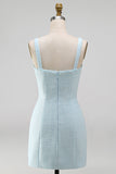 Light Blue Square Neck Bodycon Beaded Rhinestone Bows Short Cocktail Dress with Slit