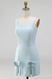 Light Blue Square Neck Bodycon Beaded Rhinestone Bows Short Cocktail Dress with Slit