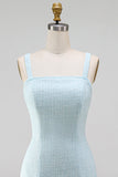 Light Blue Square Neck Bodycon Beaded Rhinestone Bows Short Cocktail Dress with Slit