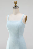 Light Blue Square Neck Bodycon Beaded Rhinestone Bows Short Cocktail Dress with Slit