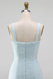 Light Blue Square Neck Bodycon Beaded Rhinestone Bows Short Cocktail Dress with Slit