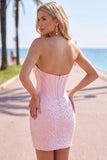 Sparkly Pink Beaded Corset Tight Sweetheart Short Pearl Homecoming Dress with Rhinestone