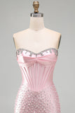 Sparkly Pink Beaded Corset Tight Sweetheart Short Pearl Homecoming Dress with Rhinestone