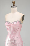 Sparkly Pink Beaded Corset Tight Sweetheart Short Pearl Homecoming Dress with Rhinestone