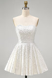 White Strapless A Line Beaded Mini Pearl Homecoming Dress with Ruffles