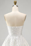 White Strapless A Line Beaded Mini Pearl Homecoming Dress with Ruffles