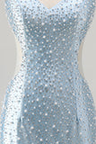 Blue Bodycon V Neck Corset Cut Out Beaded Short Pearl Homecoming Dress