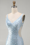 Blue Bodycon V Neck Corset Cut Out Beaded Short Pearl Homecoming Dress