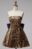 Brown Leopard Print Strapless A-Line Short Cocktail Dress with Oversized Back Bow