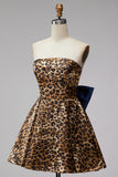 Brown Leopard Print Strapless A-Line Short Cocktail Dress with Oversized Back Bow
