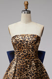 Brown Leopard Print Strapless A-Line Short Cocktail Dress with Oversized Back Bow