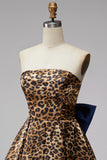 Brown Leopard Print Strapless A-Line Short Cocktail Dress with Oversized Back Bow