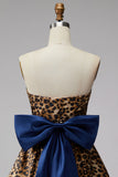 Brown Leopard Print Strapless A-Line Short Cocktail Dress with Oversized Back Bow