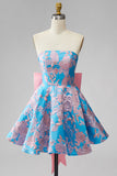 Blue Jacquard A-Line Strapless Short Homecoming Dress with Bow