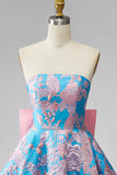 Blue Jacquard A-Line Strapless Short Homecoming Dress with Bow