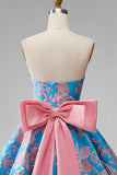 Blue Jacquard A-Line Strapless Short Homecoming Dress with Bow