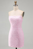 Sparkly Pink Strapless Bodycon Sequins Short Homecoming Dress