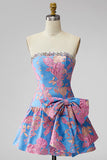 Jacquard Blue Ruffled A-Line Rhinestone Strapless Short Cocktail Dress with Bow