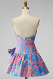 Jacquard Blue Ruffled A-Line Rhinestone Strapless Short Cocktail Dress with Bow