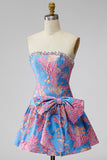Jacquard Blue Ruffled A-Line Rhinestone Strapless Short Cocktail Dress with Bow