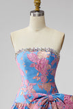 Jacquard Blue Ruffled A-Line Rhinestone Strapless Short Cocktail Dress with Bow