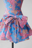 Jacquard Blue Ruffled A-Line Rhinestone Strapless Short Cocktail Dress with Bow