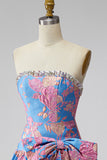 Jacquard Blue Ruffled A-Line Rhinestone Strapless Short Cocktail Dress with Bow