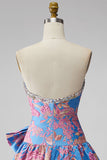 Jacquard Blue Ruffled A-Line Rhinestone Strapless Short Cocktail Dress with Bow