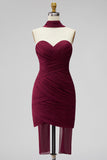 Burgundy Ruched Bodycon Chiffon Strapless Short Cocktail Dress with Draped Neck Sash