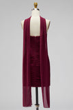 Burgundy Ruched Bodycon Chiffon Strapless Short Cocktail Dress with Draped Neck Sash