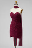 Burgundy Ruched Bodycon Chiffon Strapless Short Cocktail Dress with Draped Neck Sash