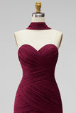 Burgundy Ruched Bodycon Chiffon Strapless Short Cocktail Dress with Draped Neck Sash
