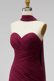Burgundy Ruched Bodycon Chiffon Strapless Short Cocktail Dress with Draped Neck Sash