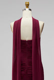 Burgundy Ruched Bodycon Chiffon Strapless Short Cocktail Dress with Draped Neck Sash
