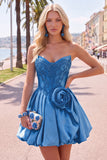 A-Line Dark Blue Strapless Beaded Corset Cocktail Dress with 3D Flower