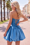 A-Line Dark Blue Strapless Beaded Corset Cocktail Dress with 3D Flower