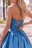 A-Line Dark Blue Strapless Beaded Corset Cocktail Dress with 3D Flower