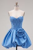 A-Line Dark Blue Strapless Beaded Corset Cocktail Dress with 3D Flower