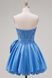 A-Line Dark Blue Strapless Beaded Corset Cocktail Dress with 3D Flower