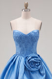A-Line Dark Blue Strapless Beaded Corset Cocktail Dress with 3D Flower