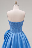 A-Line Dark Blue Strapless Beaded Corset Cocktail Dress with 3D Flower