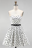 White Polka Dot A-Line Strapless Short Cocktail Dress with Bow Sash