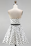 White Polka Dot A-Line Strapless Short Cocktail Dress with Bow Sash