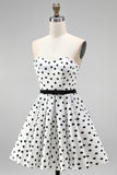 White Polka Dot A-Line Strapless Short Cocktail Dress with Bow Sash